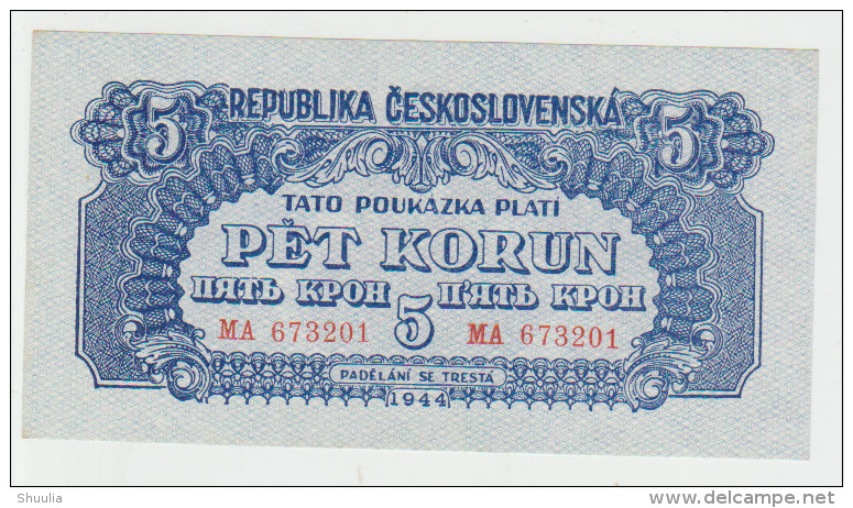 Czechoslovakia 5 Koron 1944  Pick 46 AUNC - Tchécoslovaquie