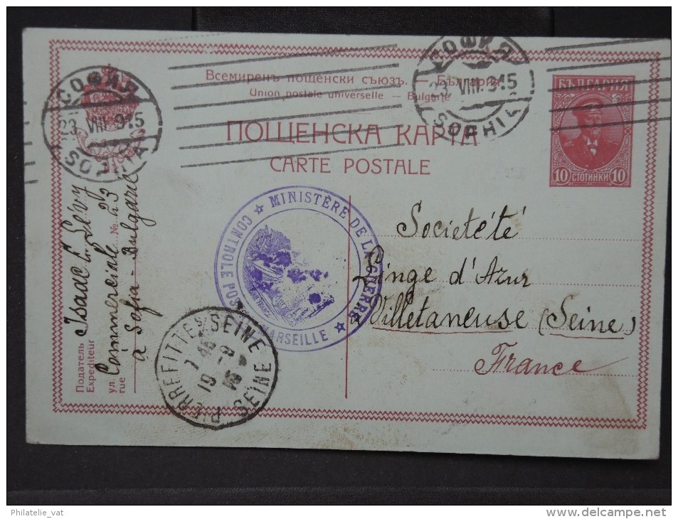 BULGARIE- ENTIER POSTAL DE SOFIA POUR VILLETANEUSE AVEC CONTROLE POSTAL MILITAIRE DE MARSEILLE 1915   A VOIR  LOT P3094 - Postales