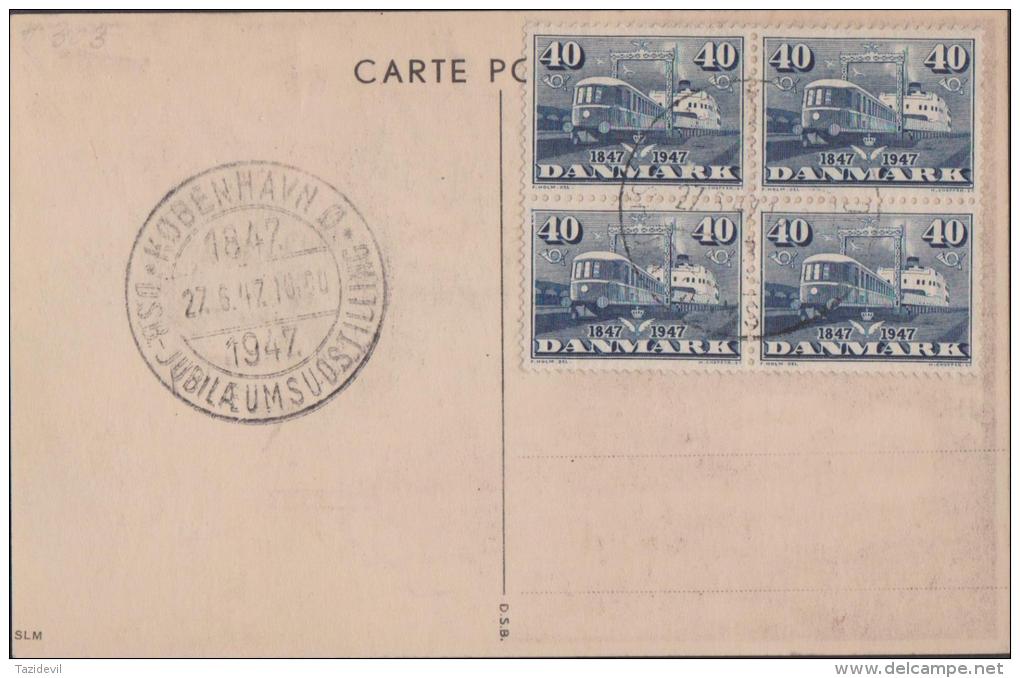 DENMARK - 1947 Set Of 3 Postal Cards With Train Blocks Of Four. Scott 301-303. Special First Day Of Issue Postmark - Maximumkarten (MC)