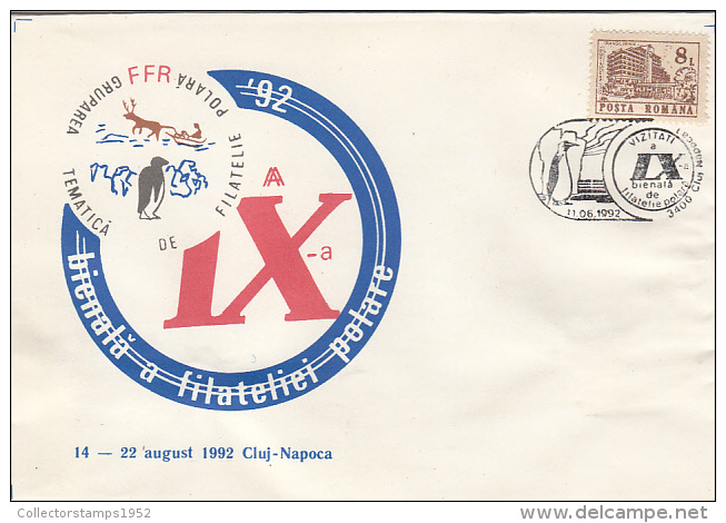 16359- POLAR PHILATELIC EXHIBITION, PENGUNS, REINDEER, SPECIAL COVER, 1992, ROMANIA - Événements & Commémorations