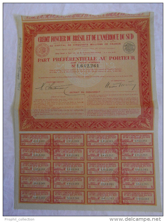 Action 1941 Credit Foncier Bresil Et De L'Amerique Du Sud 30 Mai 1941siege Paris  Titre Coupons - Banque & Assurance