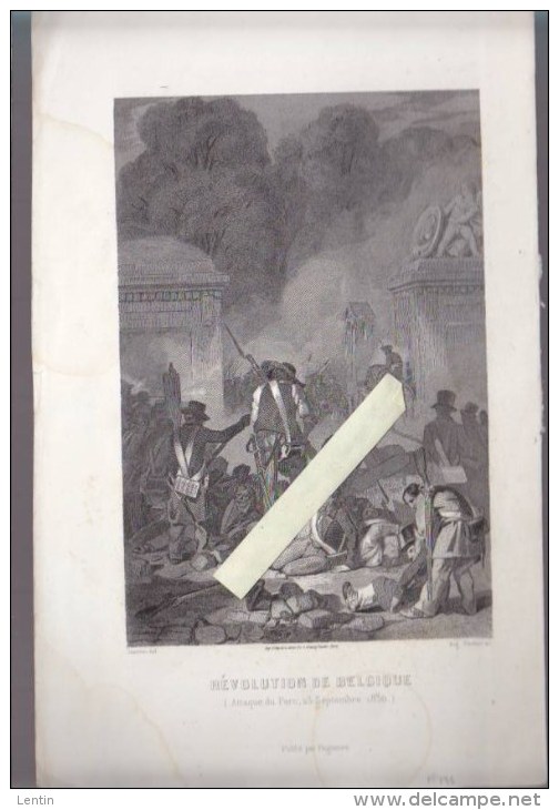 Gravure Sur Acier Milieu XIXè - Révolution De Belgique , Attaque Du Parc,  23 Septembre 1830 - Historische Dokumente