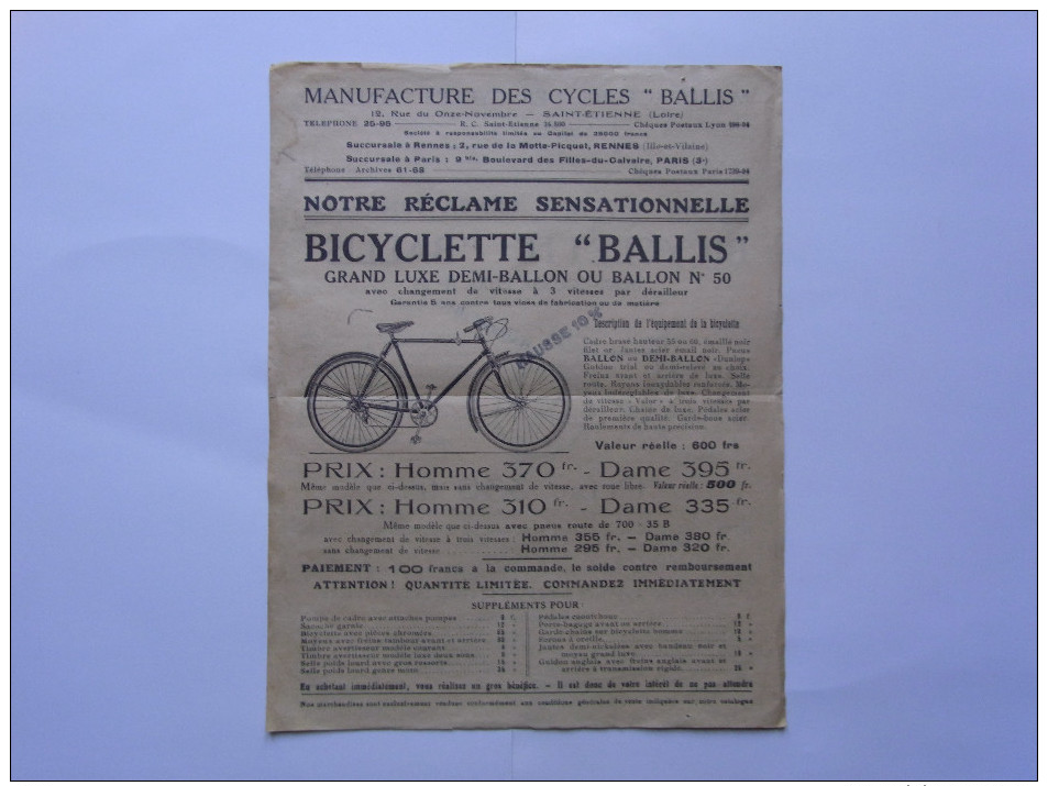 Catalogue manufacture des cycles BALLIS Saint-Etienne