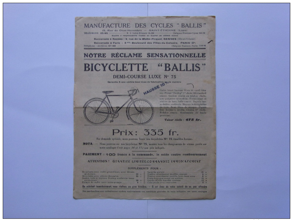 Catalogue manufacture des cycles BALLIS Saint-Etienne