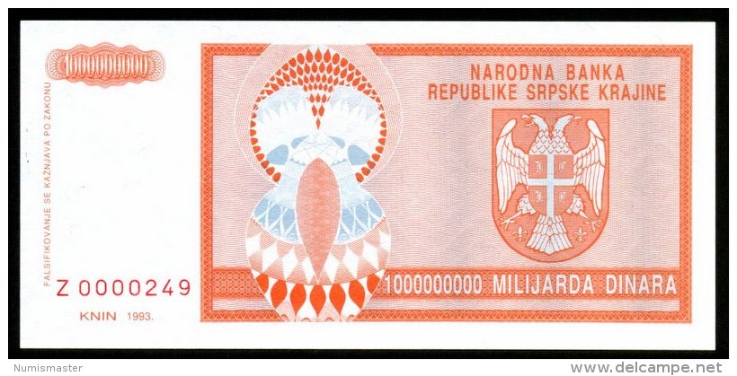 CROATIA , SERB KRAINA , KNIN , 1 000 000 000 DINARA 1993 , REPLACMENT , SERIAL Z , P-R17 , UNC - Croatia