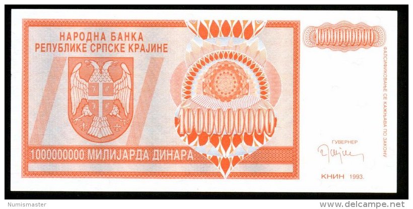 CROATIA , SERB KRAINA , KNIN , 1 000 000 000 DINARA 1993 , REPLACMENT , SERIAL Z , P-R17 , UNC - Croatia