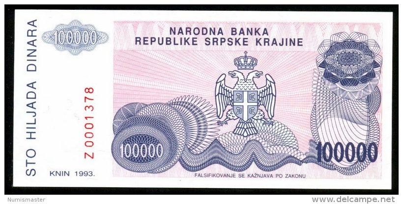 CROATIA , SERB KRAINA , KNIN , 100 000 DINARA 1993 , REPLACMENT , SERIAL Z , P-R22 , UNC - Croatie