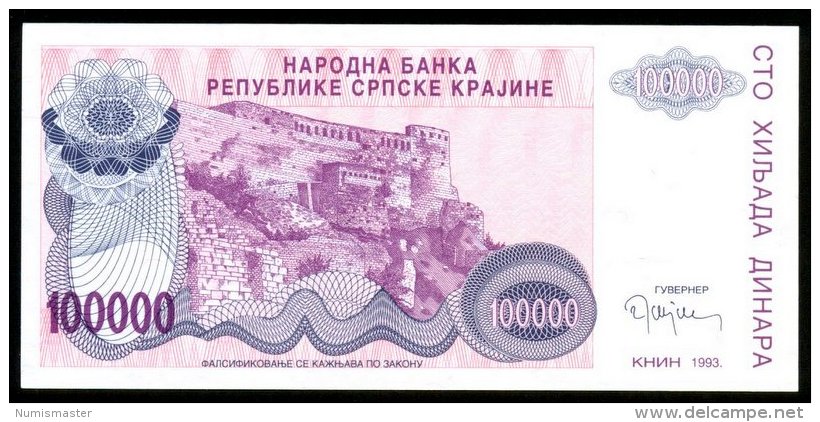 CROATIA , SERB KRAINA , KNIN , 100 000 DINARA 1993 , REPLACMENT , SERIAL Z , P-R22 , UNC - Croatie