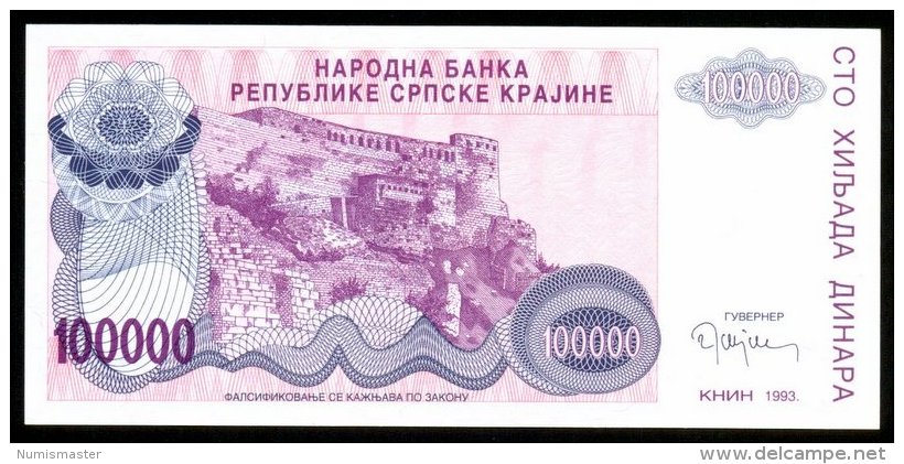 CROATIA , SERB KRAINA , KNIN , 100 000 DINARA 1993 , ERROR W/O SERIAL , P-R22 , UNC - Croatie