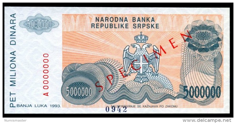 BOSNIA , SERB REPUBLIC , 5 000 000 DINARA 1993 , SPECIMEN , P-153s , UNC - Bosnia And Herzegovina