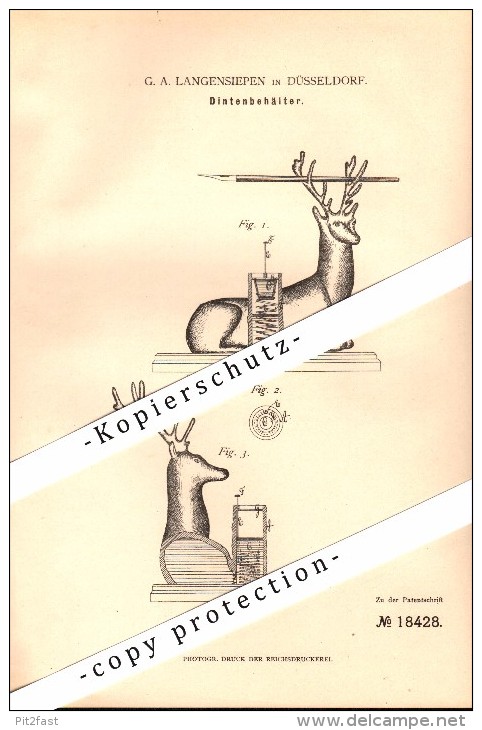 Original Patent - G.A. Langensiepen In Düsseldorf , 1881 , Tintenbehälter , Tintenfass , Hirsch !!! - Calamai