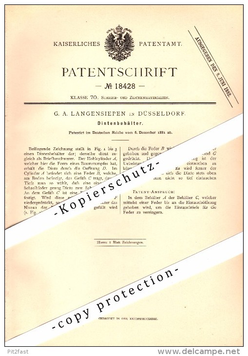 Original Patent - G.A. Langensiepen In Düsseldorf , 1881 , Tintenbehälter , Tintenfass , Hirsch !!! - Calamai