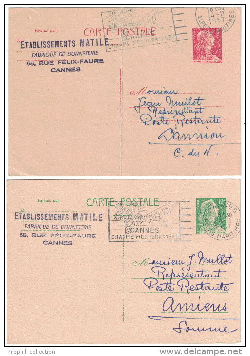 France - 1957 LOT De 2 Entiers Postaux Au Type Marianne De Muller 12f Vert 15f Rouge Entete Pub Matile Bonneterie Cannes - Cartes Postales Types Et TSC (avant 1995)