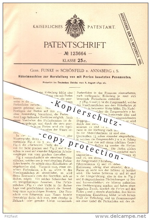 Original Patent - Gebr. Funke In Schönfeld B. Annaberg I. S. , 1899 , Häkelmaschine Für Mit Perlen Besetzte Posamente !! - Annaberg-Buchholz