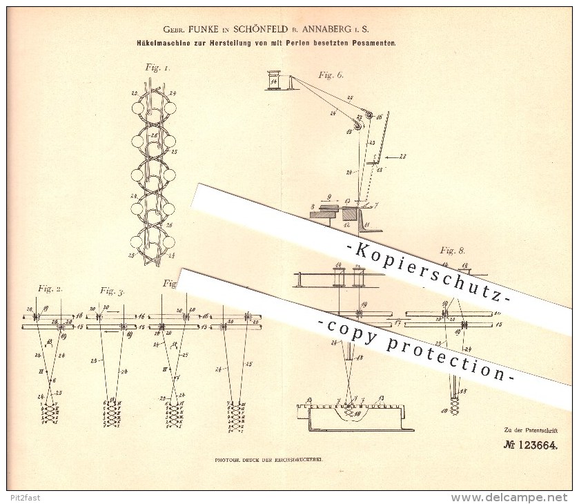 Original Patent - Gebr. Funke In Schönfeld B. Annaberg I. S. , 1899 , Häkelmaschine Für Mit Perlen Besetzte Posamente !! - Annaberg-Buchholz