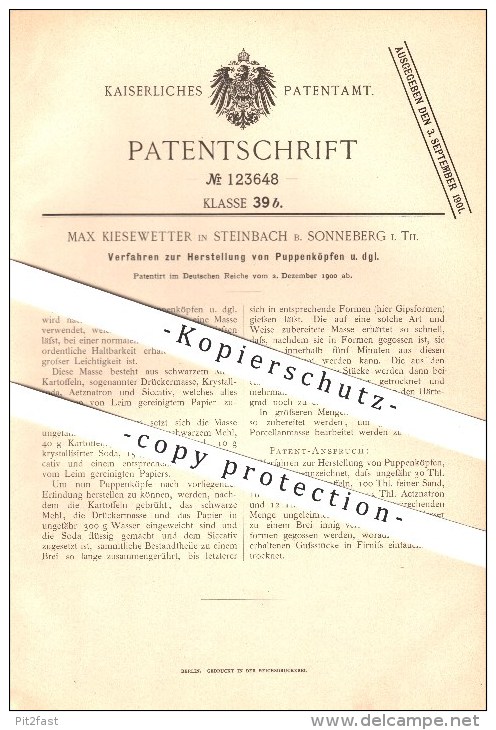 Original Patent - Max Kiesewetter In Steinbach B. Sonneberg I. Th. , 1900 , Herstellung Von Puppenköpfen , Puppen ! - Puppen