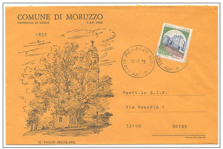 1983 FRIULI PROVINCIA UDINE SPLENDIDA BUSTA ILLUSTRATA COMUNE DI MORUZZO 12.15.83 AFFRANCATA CASTELLI  L.450 ISOLATO - 1981-90: Storia Postale