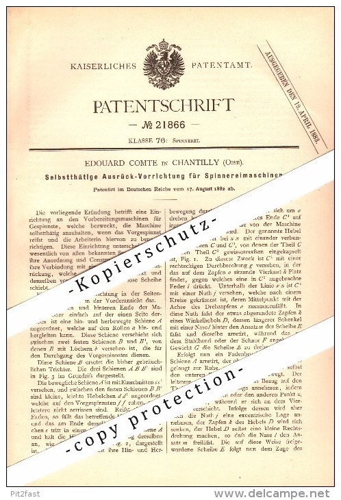 Original Patent - Edouard Comte à Chantilly , 1882 , Appareil Pour Machine De Filature !!! - Chantilly