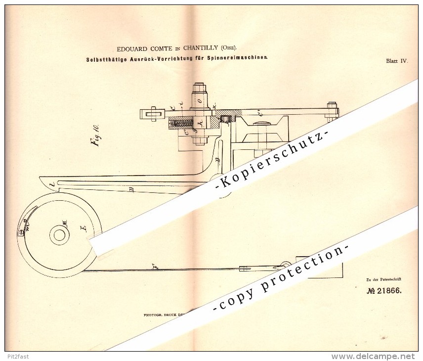 Original Patent - Edouard Comte à Chantilly , 1882 , Appareil Pour Machine De Filature !!! - Chantilly