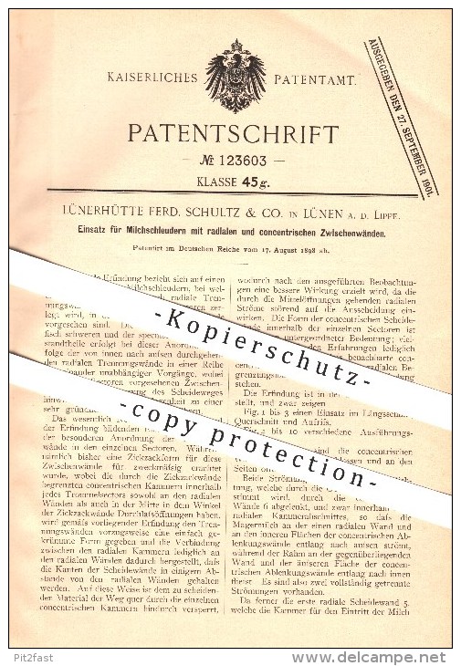 Original Patent - Lünerhütte Ferd. Schultz & Co. In Lünen A. D. Lippe , 1898 , Einsatz Für Milchschleudern !!! - Lünen