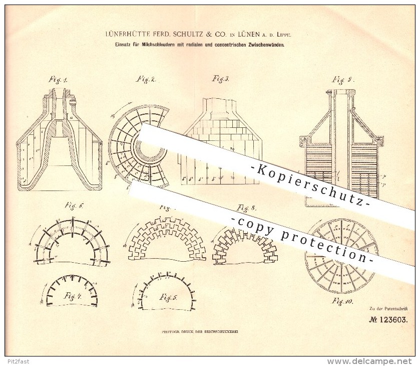 Original Patent - Lünerhütte Ferd. Schultz & Co. In Lünen A. D. Lippe , 1898 , Einsatz Für Milchschleudern !!! - Lünen