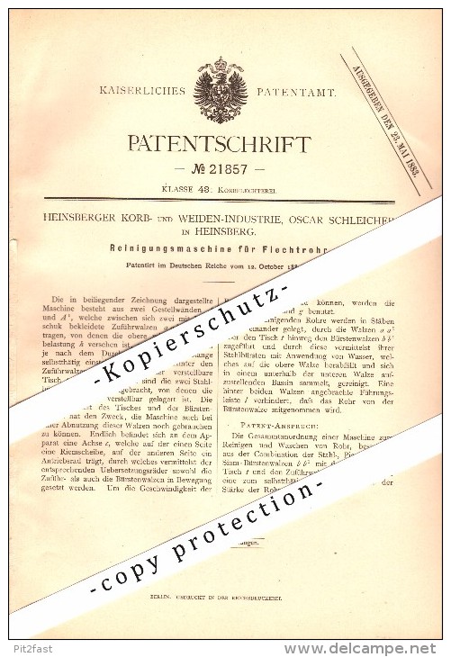 Original Patent - Korb- Und Weidenindustrie , Oscar Schleicher In Heinsberg , 1882 , Reinigungsmaschine Für Flechtrohr ! - Heinsberg