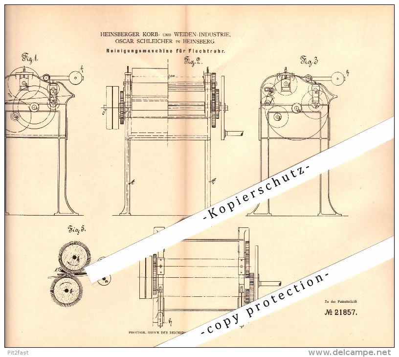 Original Patent - Korb- Und Weidenindustrie , Oscar Schleicher In Heinsberg , 1882 , Reinigungsmaschine Für Flechtrohr ! - Heinsberg