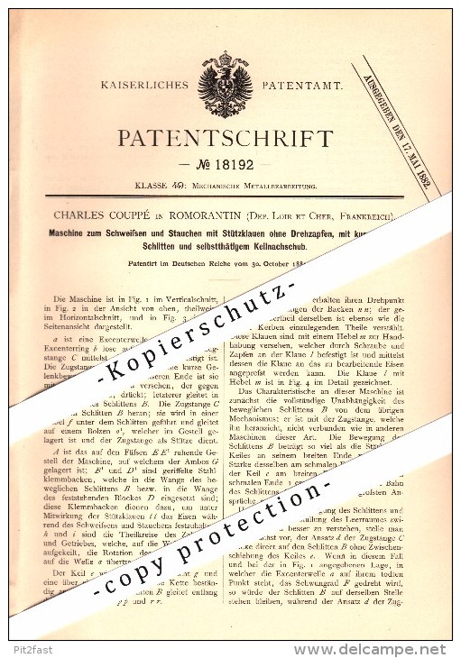 Original Patent - Charles Couppé à Romorantin , Loir Et Cher , 1881 , Machine Pour Le Soudage Et Bouleversant !!! - Romorantin