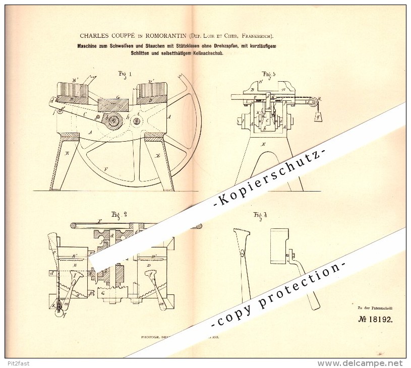 Original Patent - Charles Couppé à Romorantin , Loir Et Cher , 1881 , Machine Pour Le Soudage Et Bouleversant !!! - Romorantin