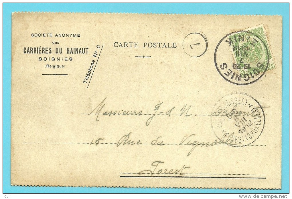 83 Op Kaart Met Stempel SOIGNIES, Met Firmaperforatie (perfin) "C.J.H." Van Carrières Du Hainaut / Soignies - 1909-34