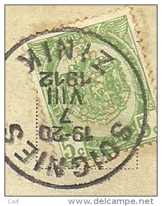 83 Op Kaart Met Stempel SOIGNIES, Met Firmaperforatie (perfin) "C.J.H." Van Carrières Du Hainaut / Soignies - 1909-34