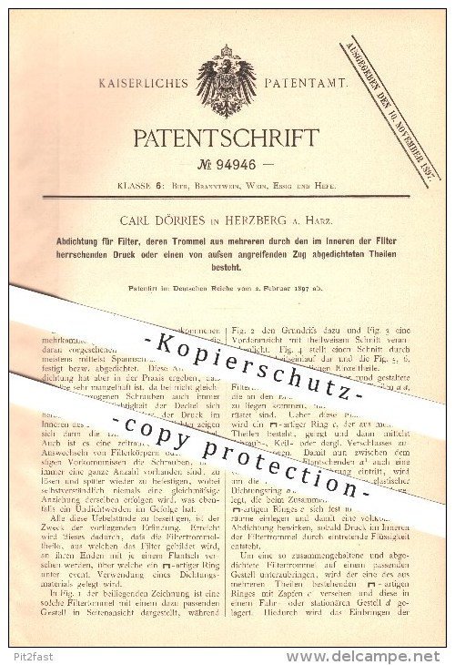 Original Patent - Carl Dörries In Herzberg Am Harz , 1897 , Abdichtung Für Filter, Deren Trommel Aus Mehr Teilen Besteht - Herzberg