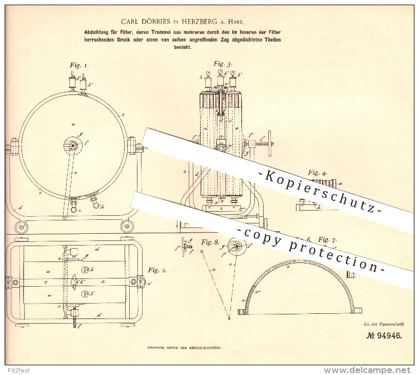 Original Patent - Carl Dörries In Herzberg Am Harz , 1897 , Abdichtung Für Filter, Deren Trommel Aus Mehr Teilen Besteht - Herzberg