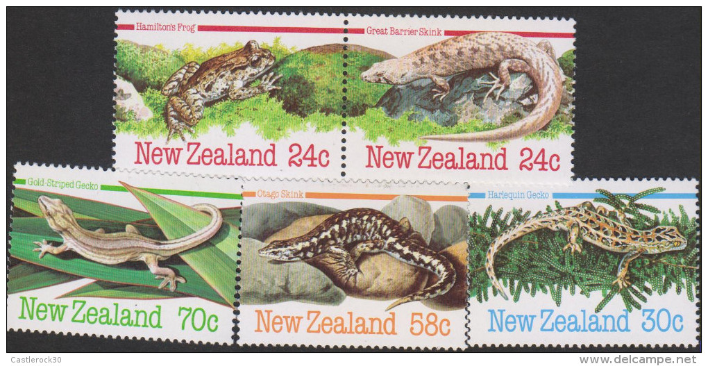 G)1984 NEW ZEALAND, HAMILTON'S FROG-GREAT BARRIER SKINK-HARLEQUIN GECKO-OTAGO SKINK-GOLD STRIPED GECKO, SET OF 5, MNH - Ungebraucht