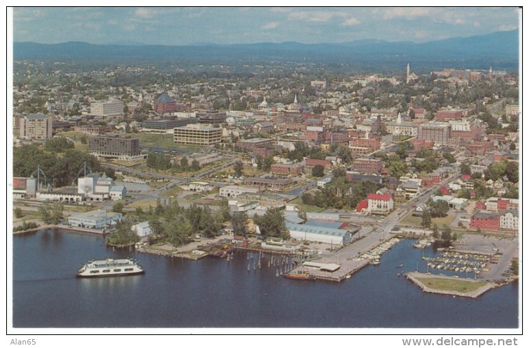 Burlington Vermont, Aerial View Of Town, MV Champlain Ferry, C1960s Vintage Postcard - Burlington