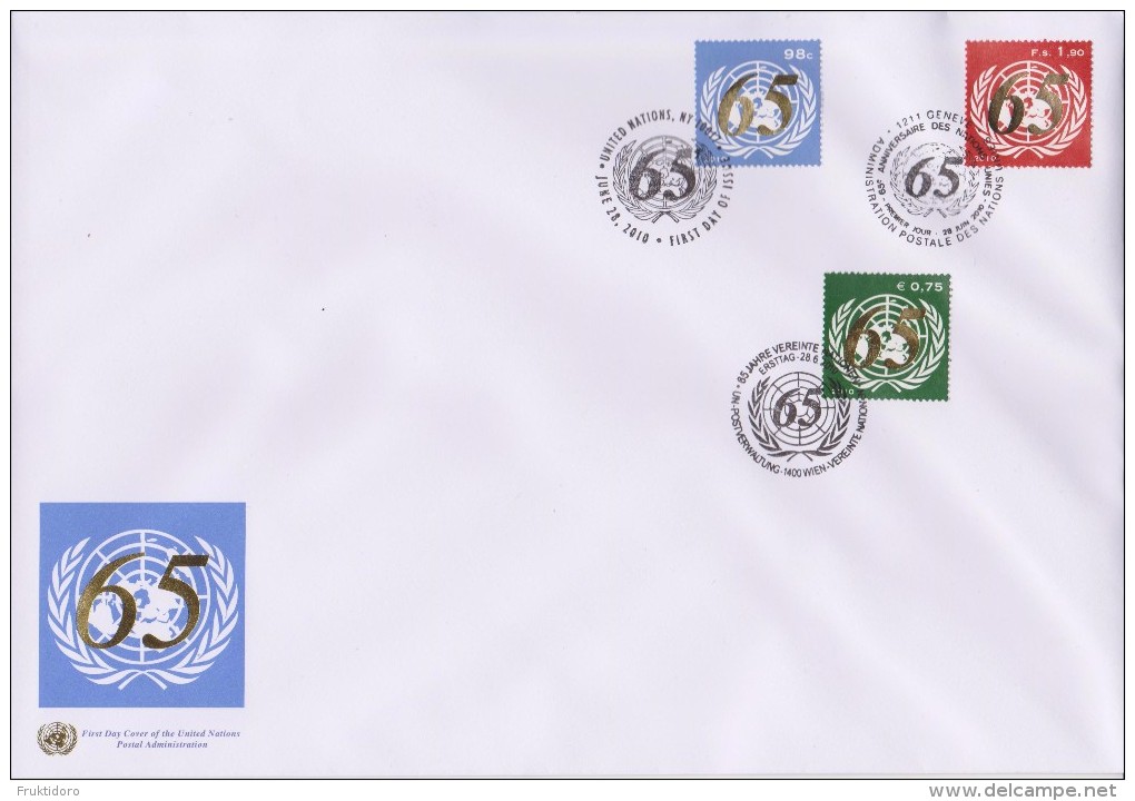 United Nations Cancellations Vienna, Geneva And NY - 2010 - FDC UN 65th Anniversary - New York/Geneva/Vienna Joint Issues