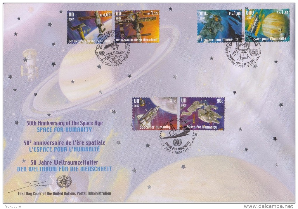 United Nations Cancellations Vienna, Geneva And NY - 2007 - FDC 50 Years Of Space Achievements - Astronaut - Ship - FDC