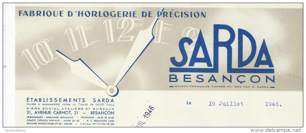 Lettre/Horlogerie De Précision/ SARDA/Besançon/DOUBS/ 1946    FACT90 - Petits Métiers