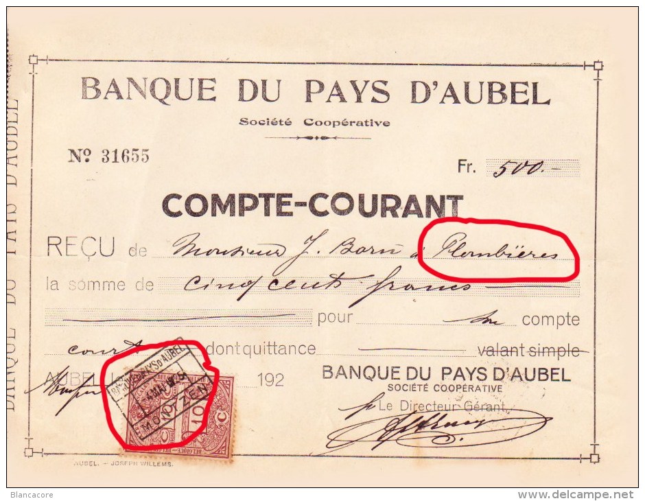 MONTZEN BANQUE DU PAYS D' AUBEL 1925 Reçu Au Nom De BORN De  PLOMBIERES - Bank & Insurance