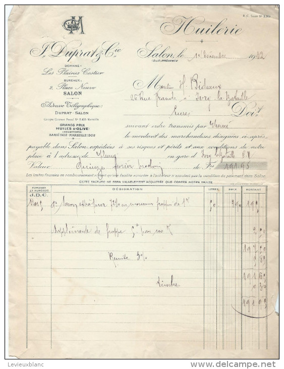 Lettre Et Mandat à Ordre/Huilerie/F DUPRAT & Cie/Huiles D'Olive/SALON De Provence/Bouches Du Rhône/ 1932    FACT101 - Alimentaire