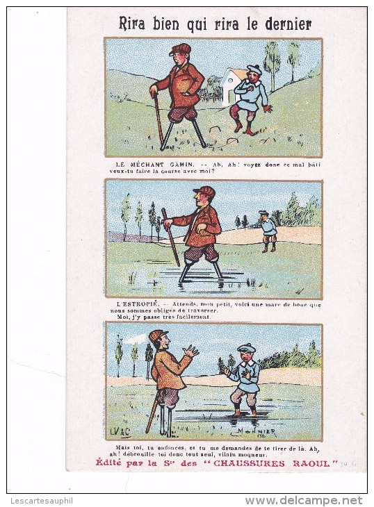 Illustrée Facon Bande Dessinée Signée Monnier Gamin Se Moquant D Un Infirme Sans Jambes Pub Chaussures Raoul - Autres & Non Classés