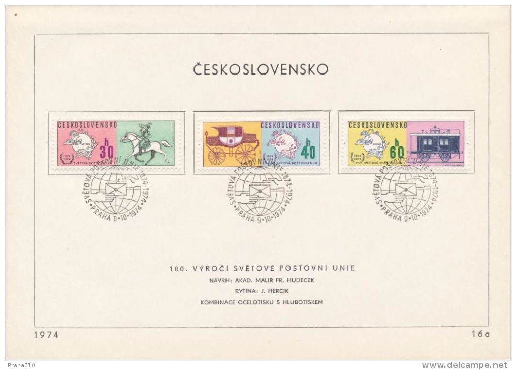 Czechoslovakia / First Day Sheet (1974/16a) Praha: UPU 1874-1974 - Postal Messenger, Coach, Postal Railway Car - UPU (Universal Postal Union)