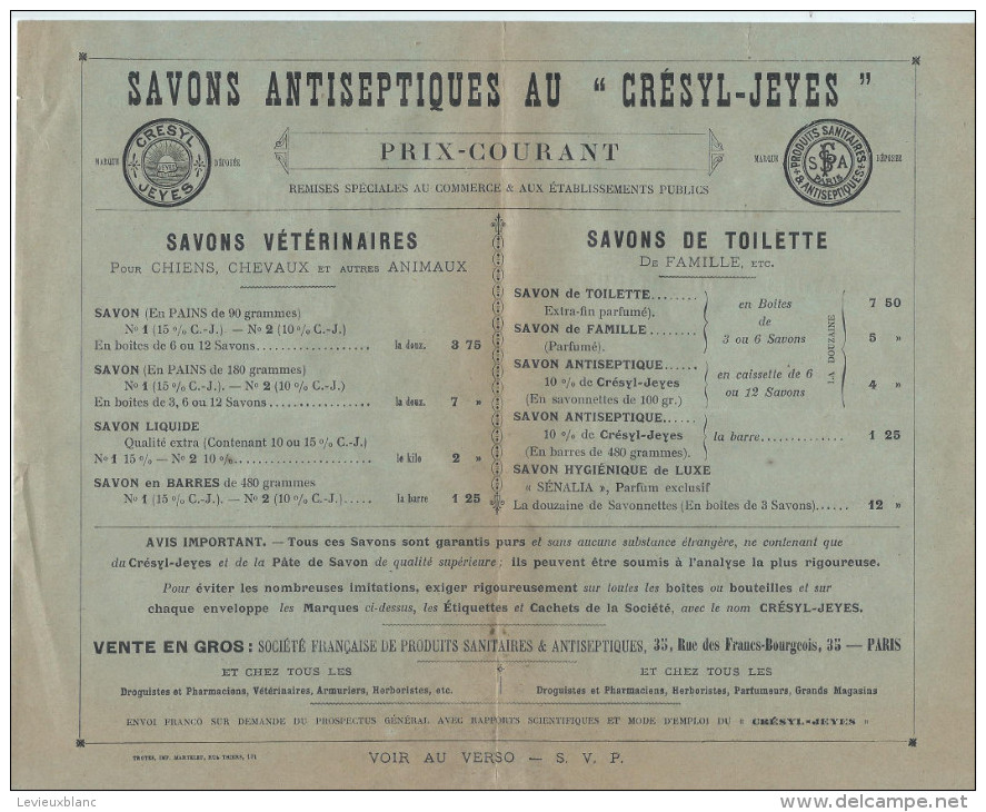 Prospectus/Société Française Des Produits Sanitaires Et Antiseptiques/Savons Antiseptiques Crésyl-Jeyes/1901       VP707 - Droguerie & Parfumerie