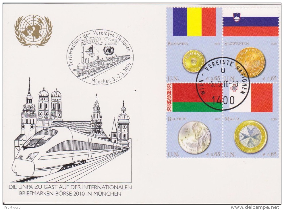 United Nations Show Card 2010 ´München´ - March 2010 - Mi 626-629 Flags And Coins - Romania - Slovenia - Belarus - Covers & Documents