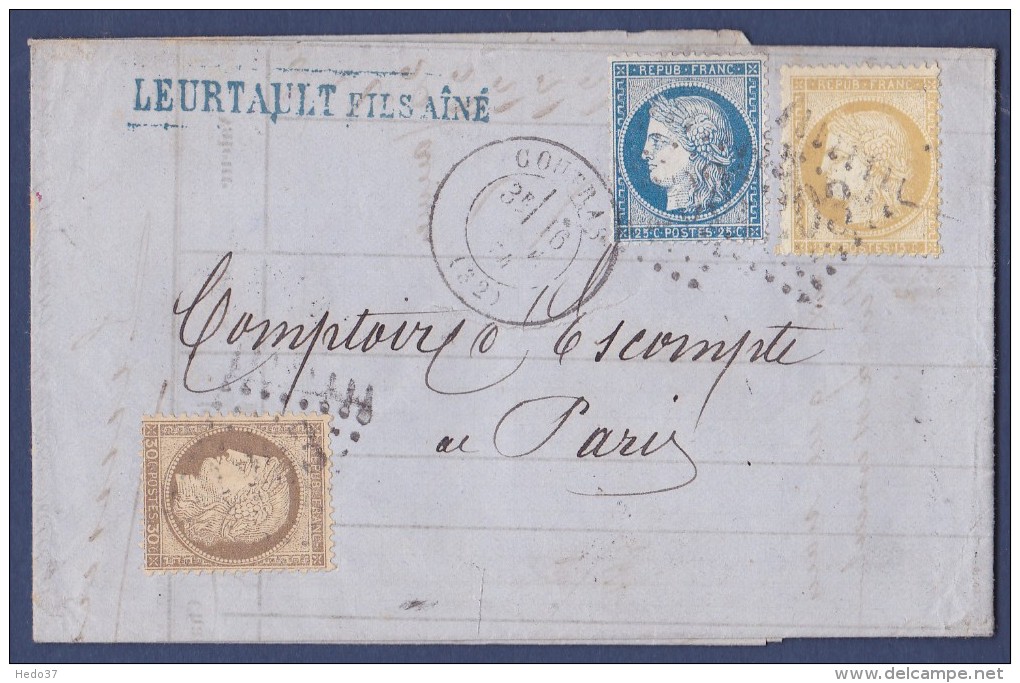 France N°55,56,60 Pli Tricolore - Obl. GC & T.17 Coutras (32) 1874. TB - 1871-1875 Cérès