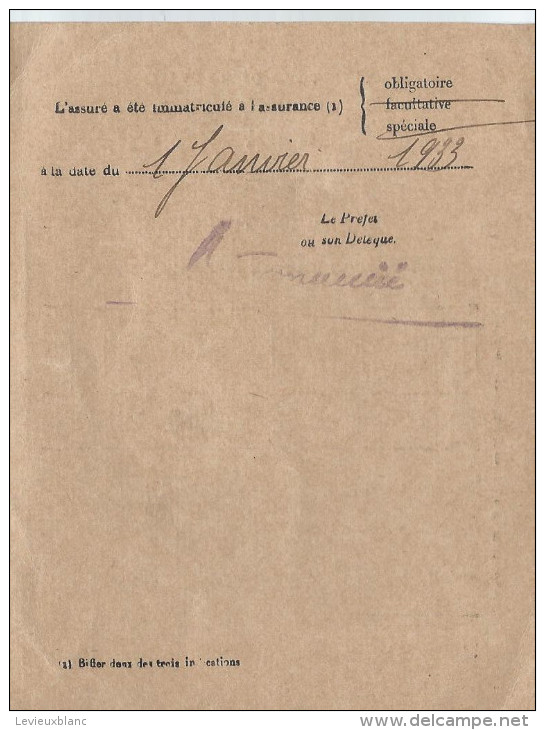 Carte D'immatriculation/Assurances Sociales/ Ministére Du Travail /Limours/1933       VP716 - Autres & Non Classés