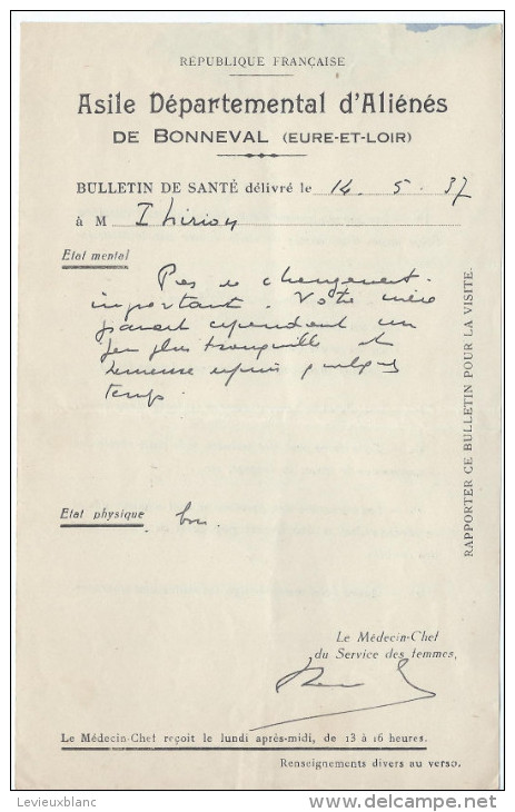 Bulletin De Santé/ Asile Départemental D'Aliénés/BONNEVAL/ Eure Et Loir/1937        VP724 - Non Classés