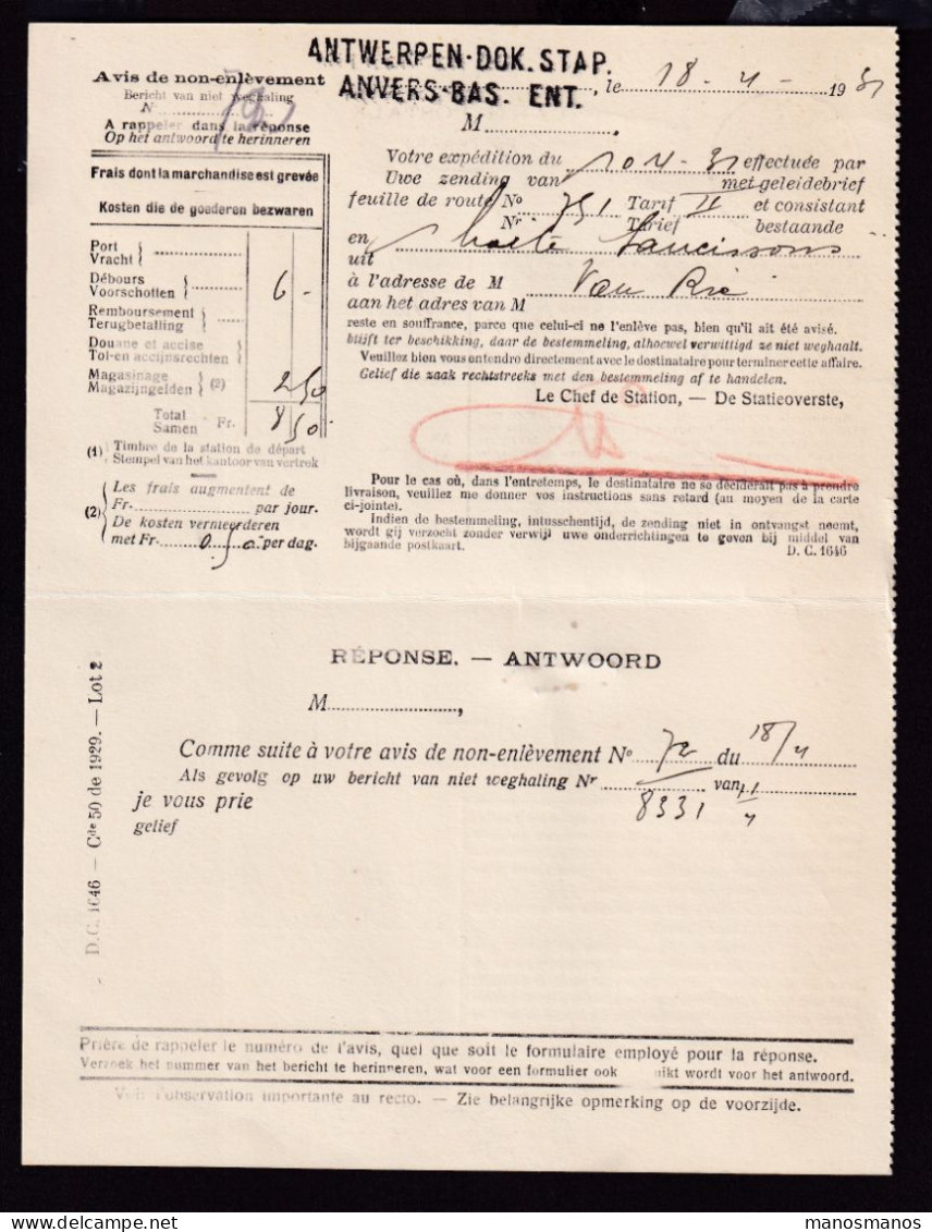 211/23 - Carte De Service Des Chemins De Fer TP Service 40 C ANVERS 1931 - Cachet De Gare ANTWERPEN-DOK. STAP - Briefe U. Dokumente