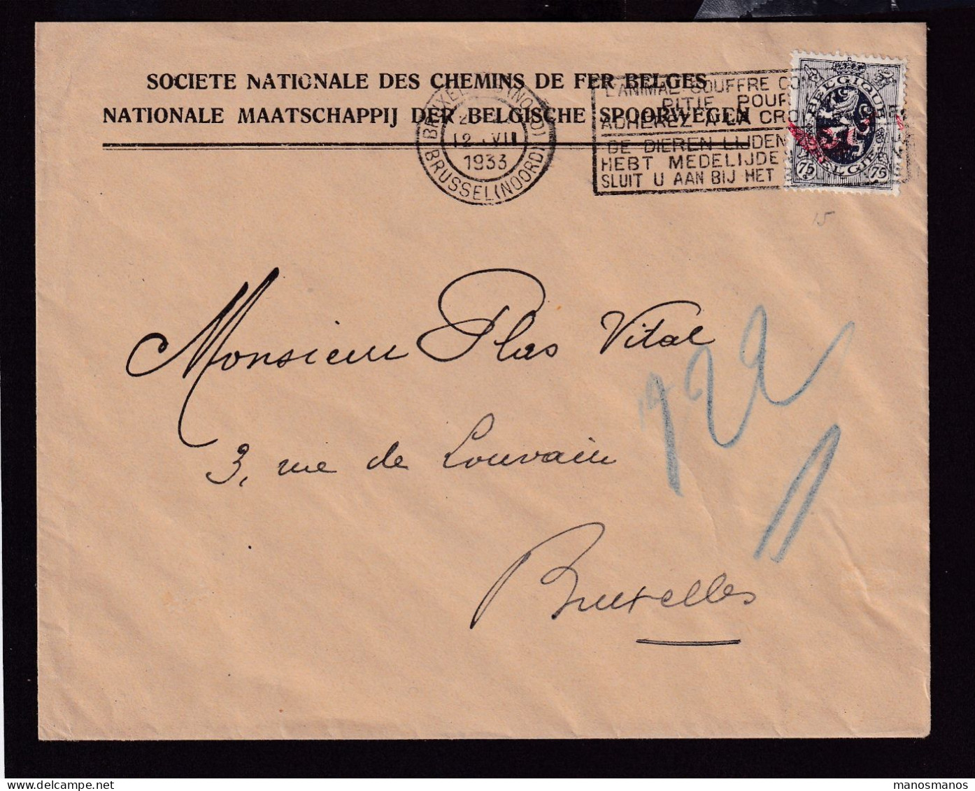 212/23 - Enveloppe De Service Des Chemins De Fer TP Service 75 C BRUXELLES NORD 1933 - Brieven En Documenten