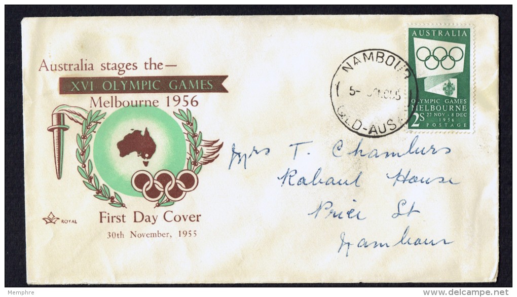 1955  Melbourne Olympic Games 2/-  Dark Green   Royal Cachet - FDC